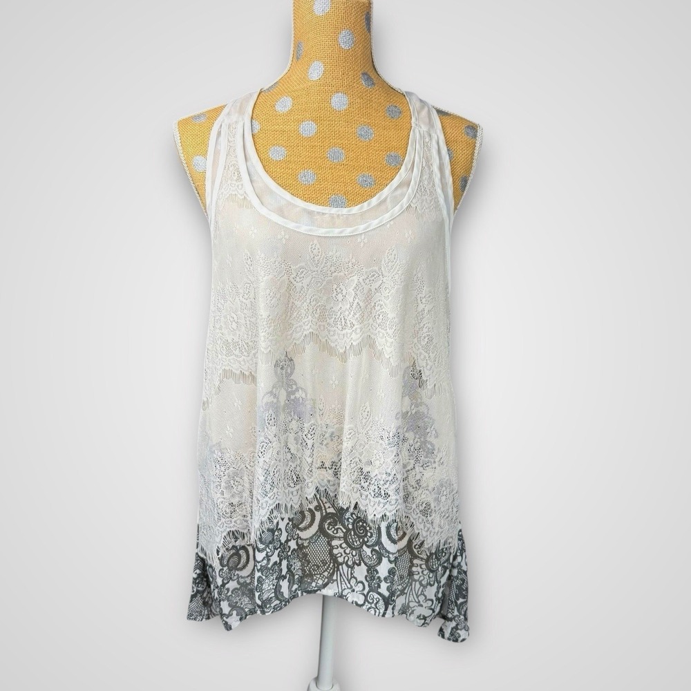 No Boundaries White Lace Racerback Tank Top Black Damask Print Juniors LG 11-13